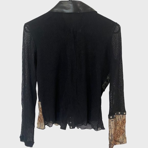 Isabel Leather & Mesh Button-Up Blouse Womens Medium Black Abstract Panel Top - Picture 3 of 14
